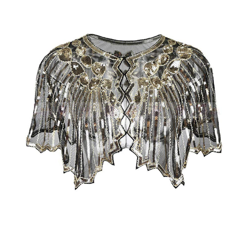 Geling Women's Black Gold Vintage Dinner Shawl Beaded Sequin Bolero Evening Shawl Cape Shrug Wrap