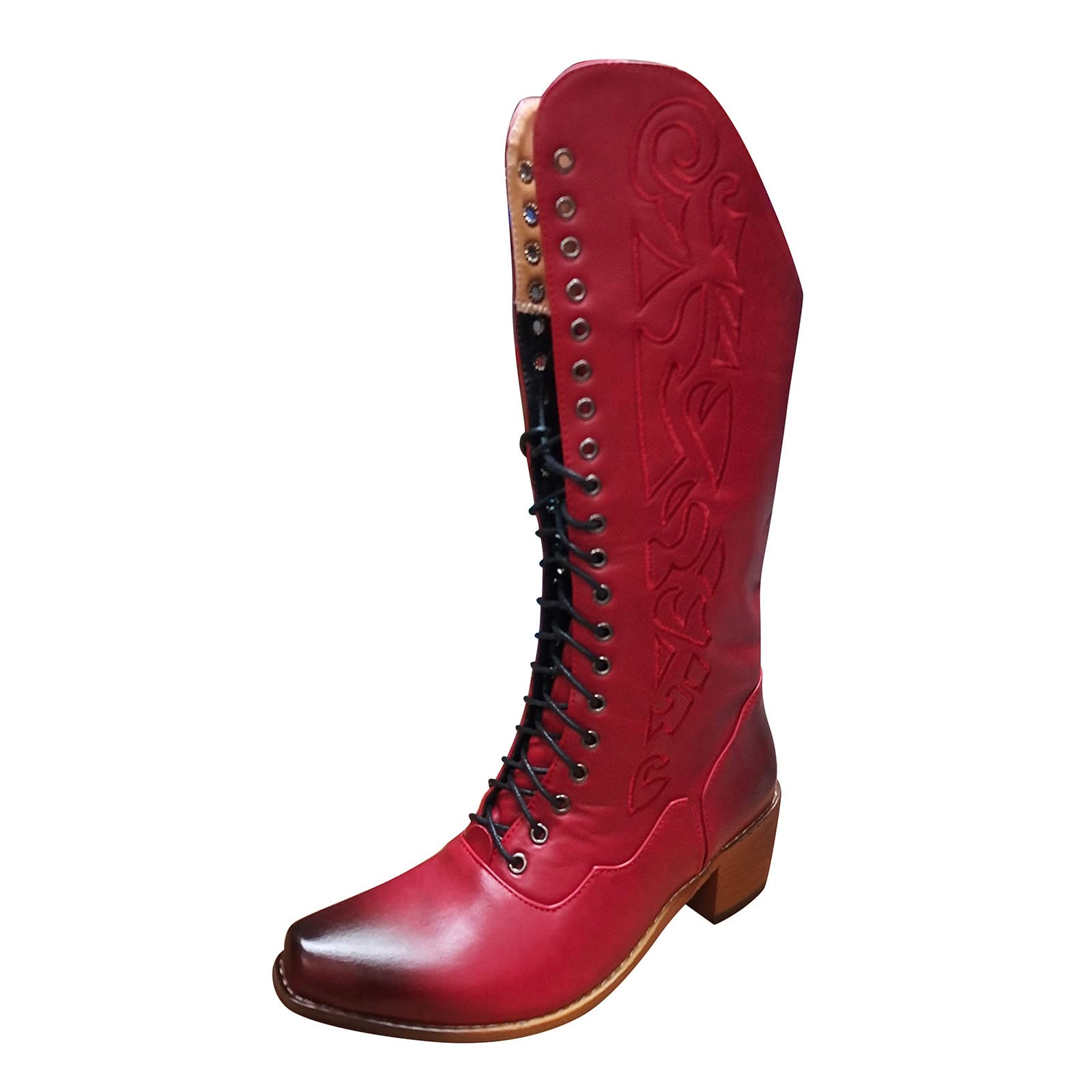 Generico Stivali Donna Mid-Calf in Pelle Artificiale con Lacci Tacco e Suola Spessa per Autunno