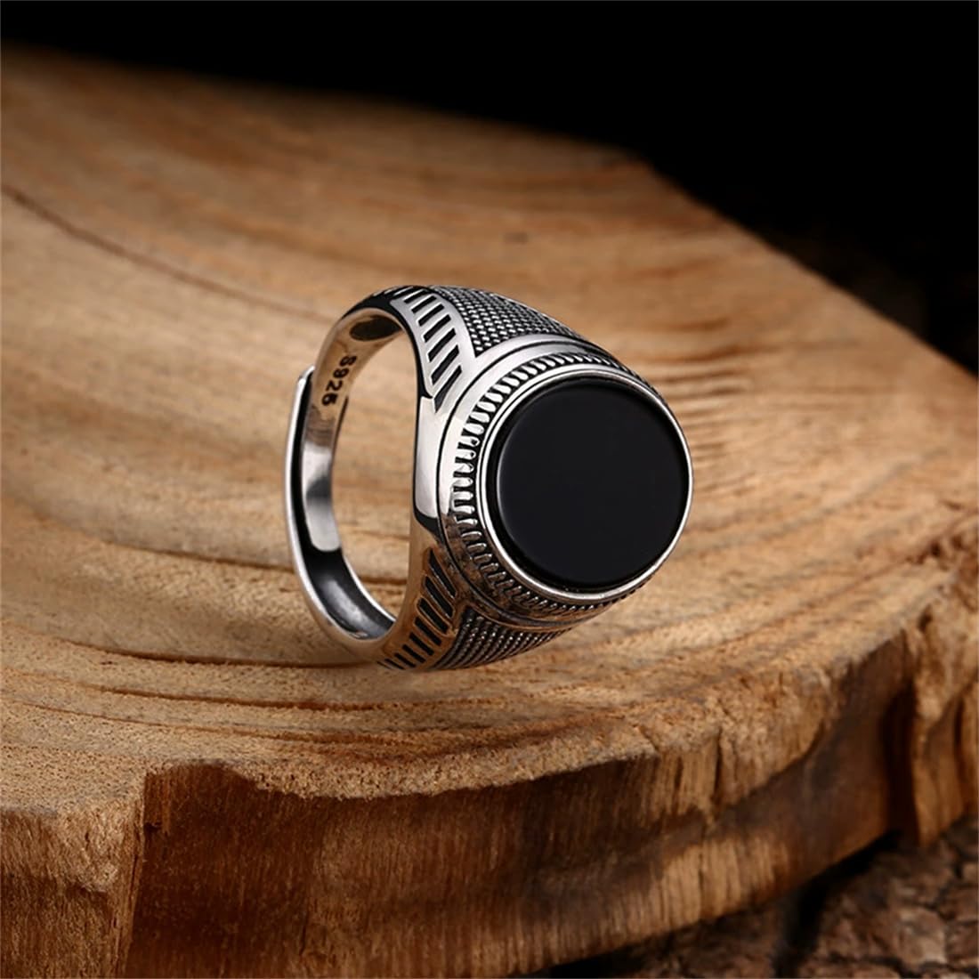 S925 Plata De Ley Circonita Negra Anillo Personalizado, Hip Hop Hombres Abierto Ajustable Simple Anillo,Plata,9