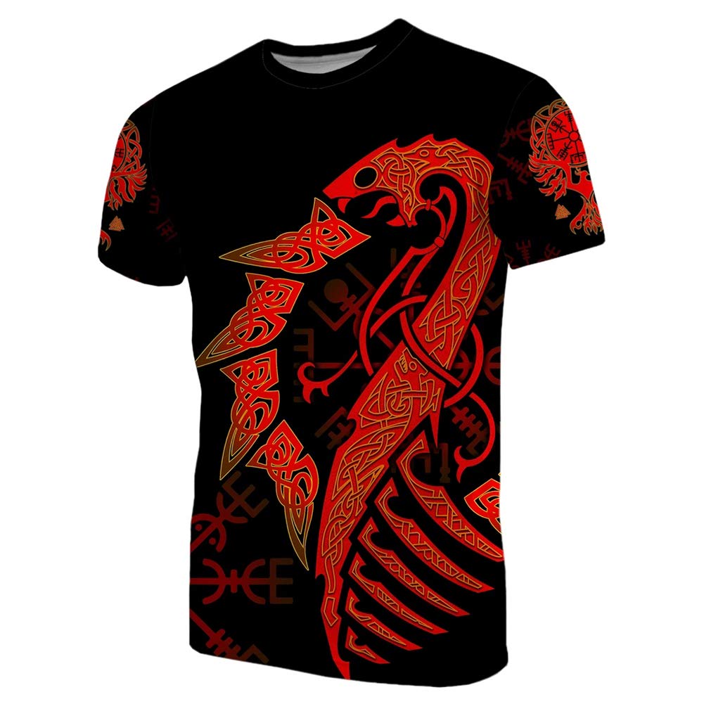 T-Shirt Viking Homme Rouge Idée Cadeau Motard Tatouage 3D 5XL