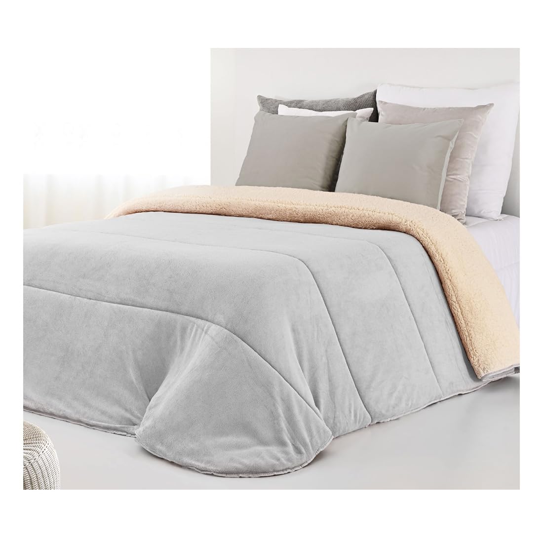 Acomoda Textil – Edredón Nórdico de Sedalina con Borreguito. Edredón Sherpa Estampado para Cama de 135 y 150, Manta Cama Matrimonio y Sofá de Invierno, Cálida y Suave. (Gris, 240x250 cm)