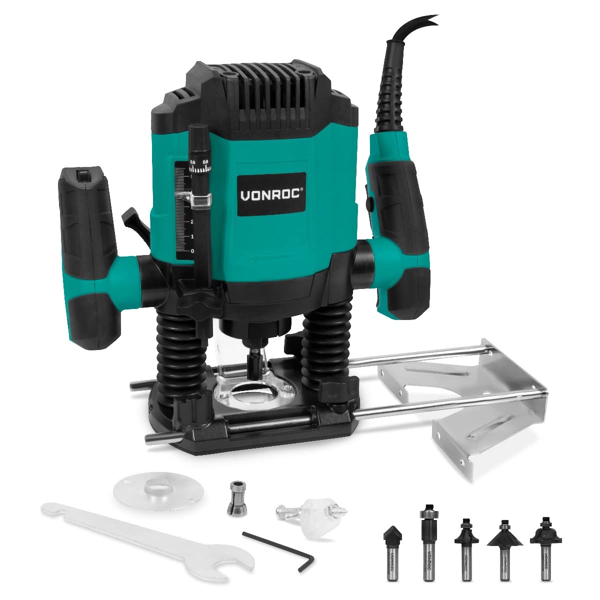 VONROC Fresadora 1200W - 6-8mm - Velocidad variable 16.000 - 30.000 rpm - Incluye juego de brocas de 6 piezas, guía de plantillas, guía paralela y pasador central
