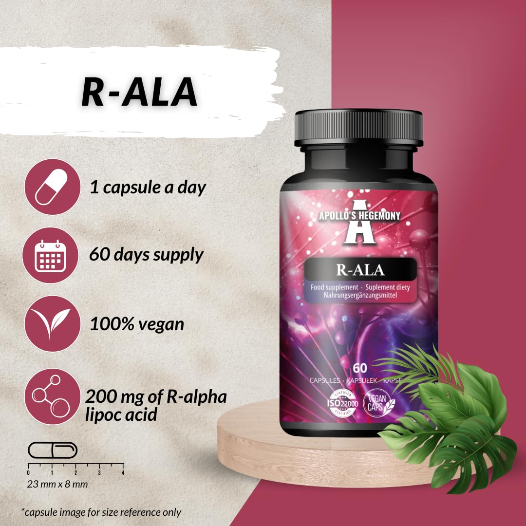 R-Alpha Lipoic Acid 200 mg par gélule - 60 gélules végétaliennes - 2 mois d'approvisionnement - Soutient le métabolisme du glucose et la santé mitochondriale - par Apollo's Hegemony