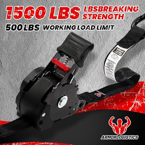 Image of Retractable Ratchet Straps 4 Pack, 1500LBS Break Strength Self Retracting Tie Down Straps, 1 inch x 12' Auto Ratchet Straps for Motorcycle, Kayak and Trucks, Black