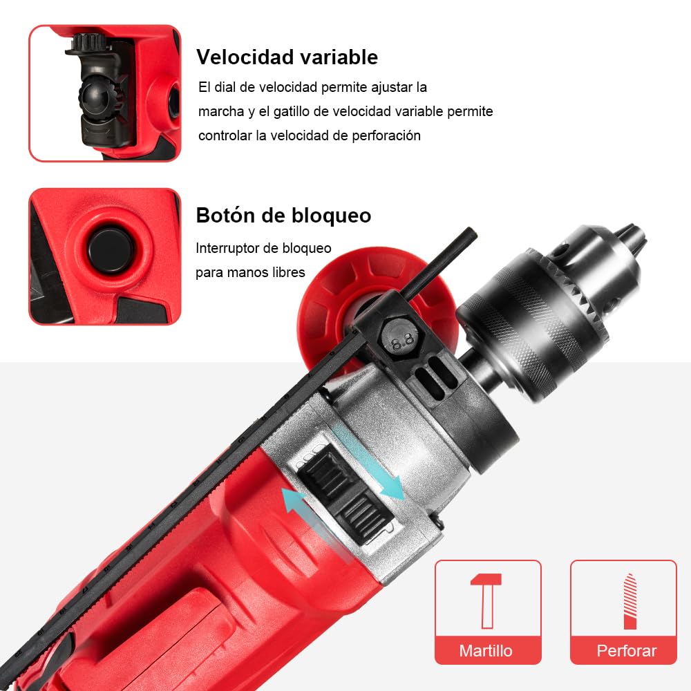 TEENO Taladro de percusión con cable 910 W, martillo perforador eléctrico 0-3000 rpm con 38 accesorios, mango giratorio de 360°, velocidad variable, mandril de metal de 13 mm, funda de transporte