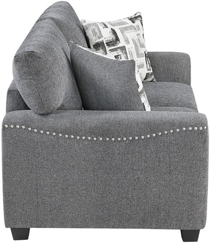Pemberly Row Chenille Loveseat, Dark Gray Upholstery, Reversible Cushions with Nailhead Trim, Solid Wood Frame with Pocket Coils, 2 Decorative Pillows, Black Faux Wood Feet, Compact Living Room