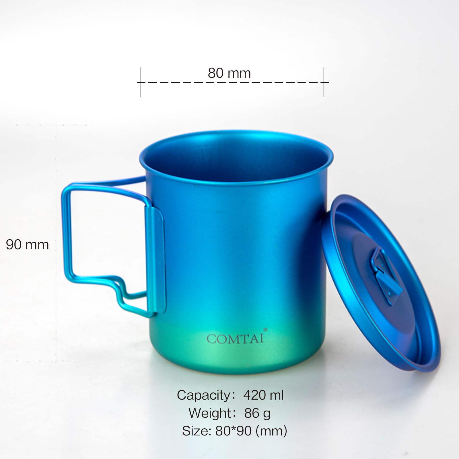 COMTAI Titanium Pot, 420ml/15 oz Mug with Lid and Foldable Handle, Outdoor Titanium Cup for Hiking Camping Cooking-Blue