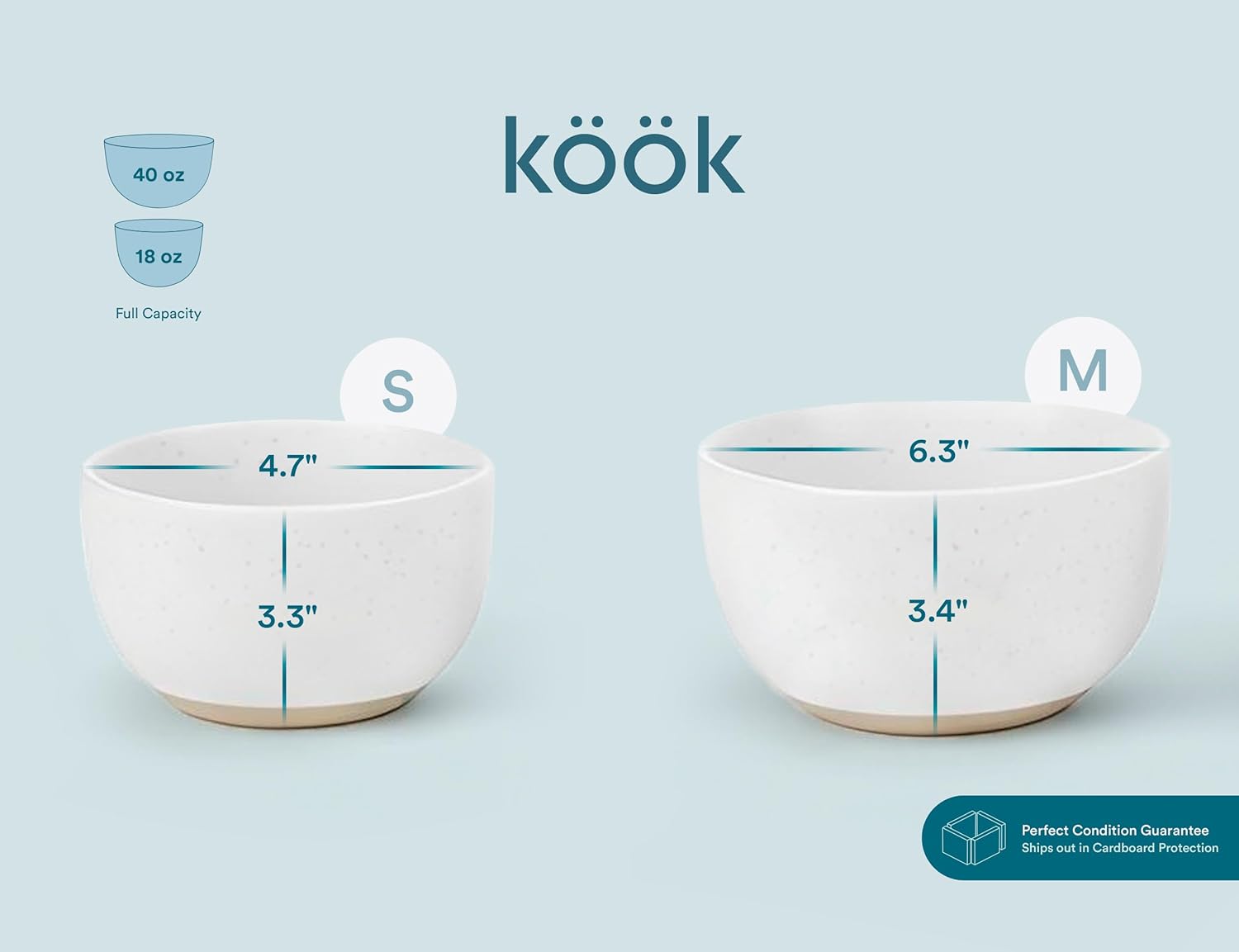 KooK Mixing Bowls, Ceramic Nesting Bowls, Stoneware Kitchen Bowls, For Prep, Serving, Dishwasher Safe, 18/40/90/140 oz, Set of 4, Moonstone - Image 8