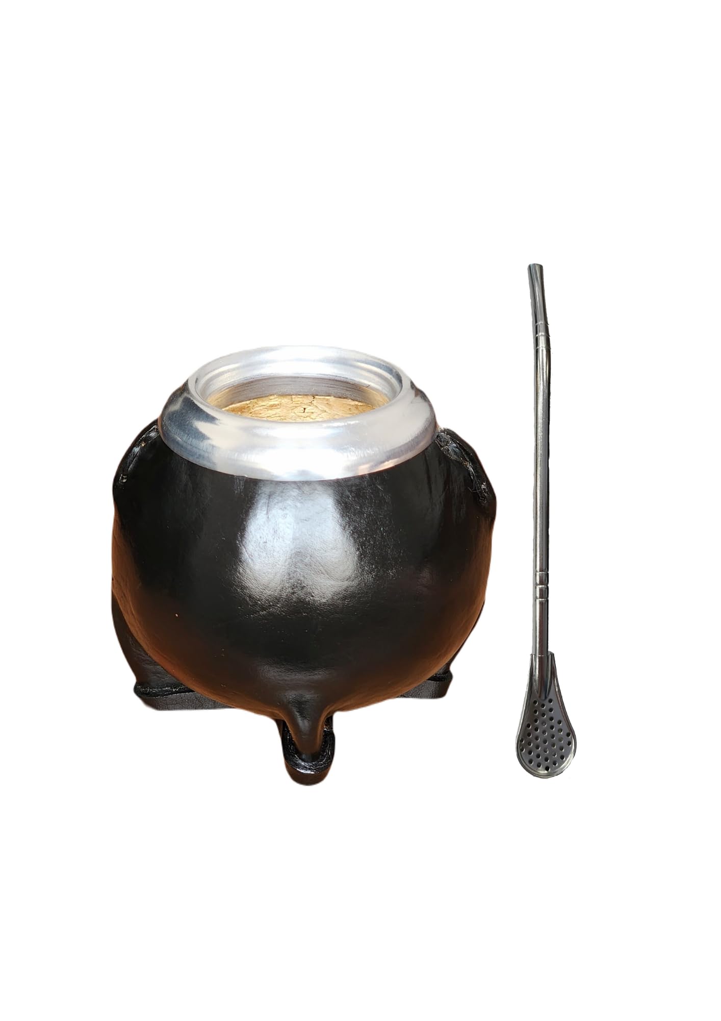 Argentyński ręcznie robiony matowy wykonany z naturalnej dyni i czarnej skóry, matowy ze stalową żarówką, Yerba Mate Gourd Cup, Matowy kubek