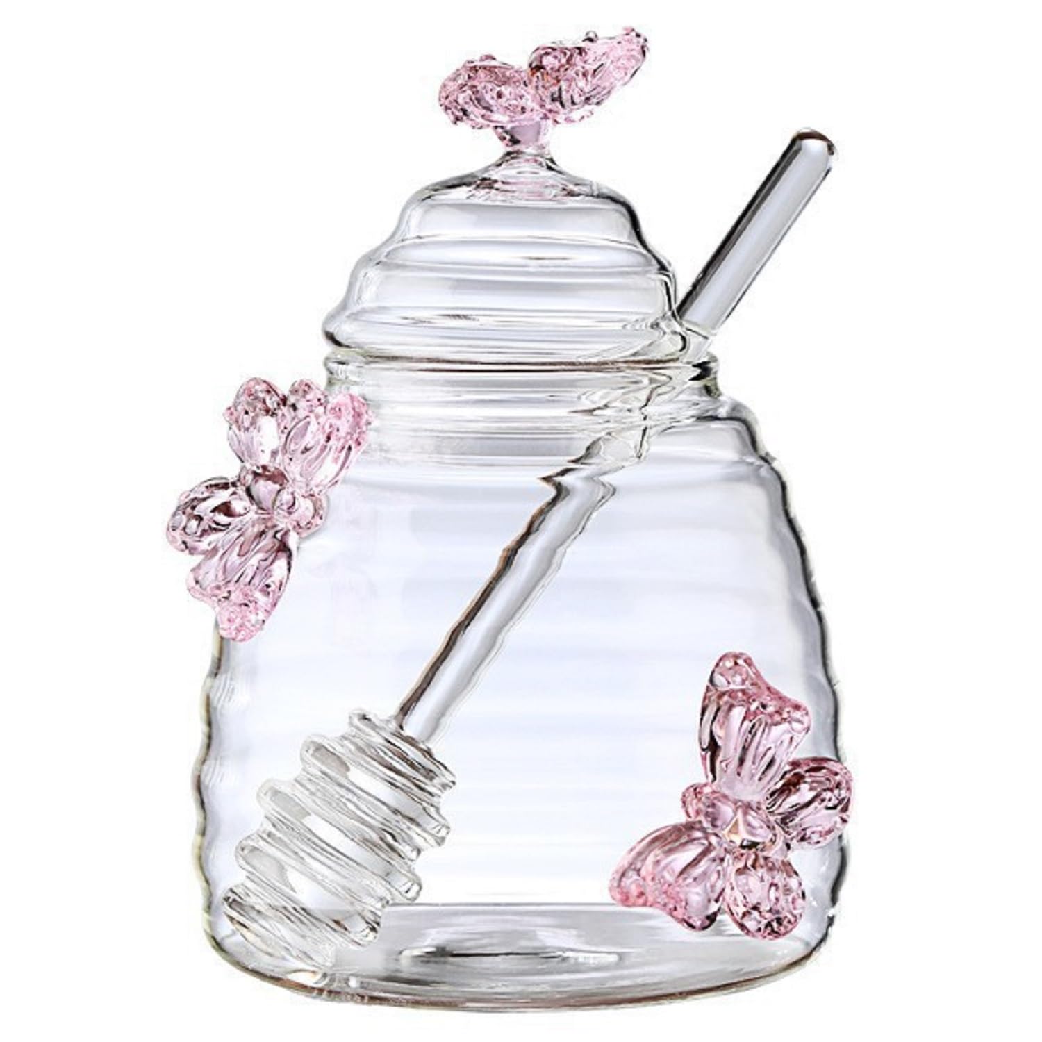 EdirFtra 500ml Glass Honey Jar with Butterfly Decor & Glass Dipper