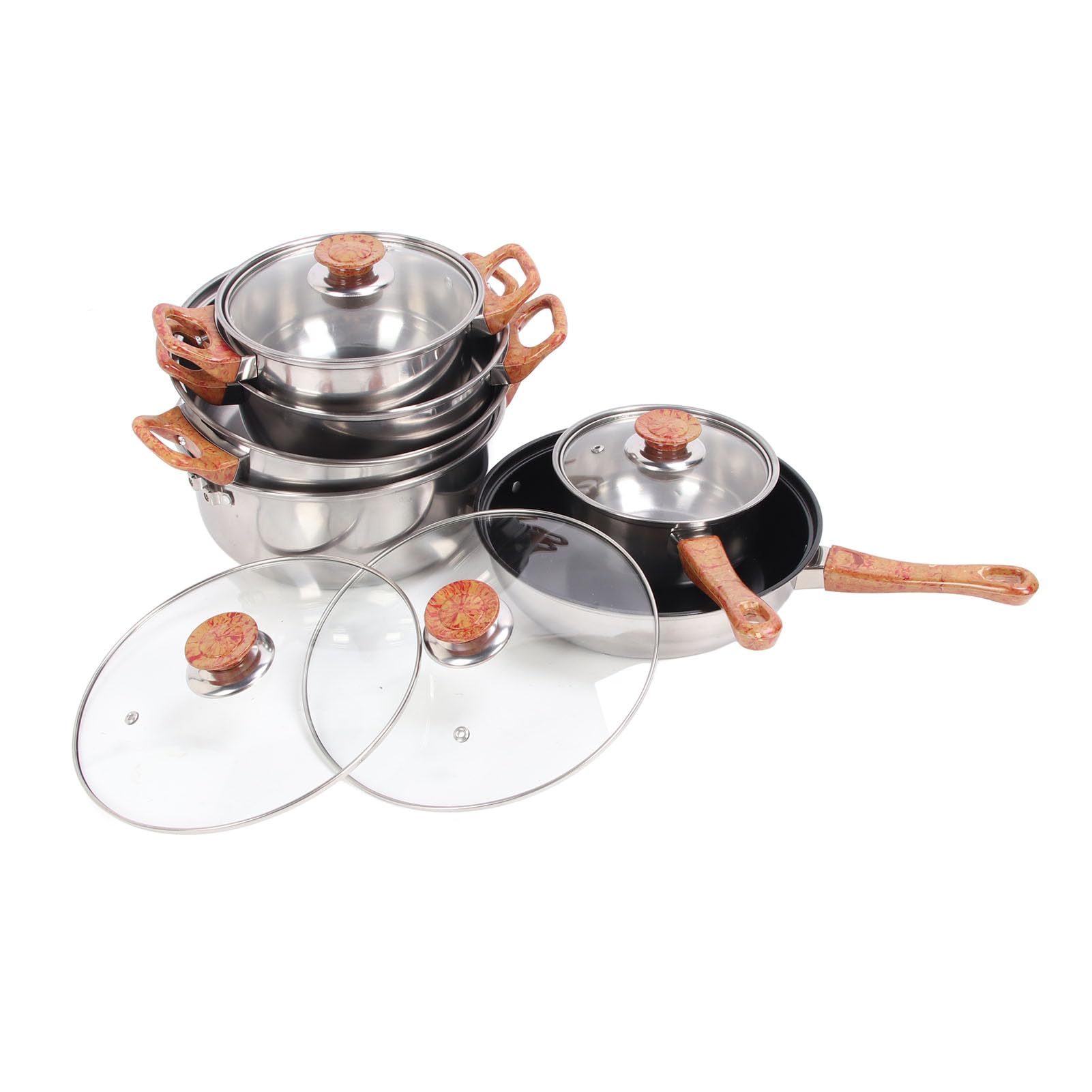KIMISS Juego de Ollas y Sartenes Multifuncionales, Modelo Veteado de Madera, Acero Inoxidable, Vidrio, Plástico Fenólico con Ergonómico, Juego de Utensilios de Cocina para Sopa - de Utensilios de