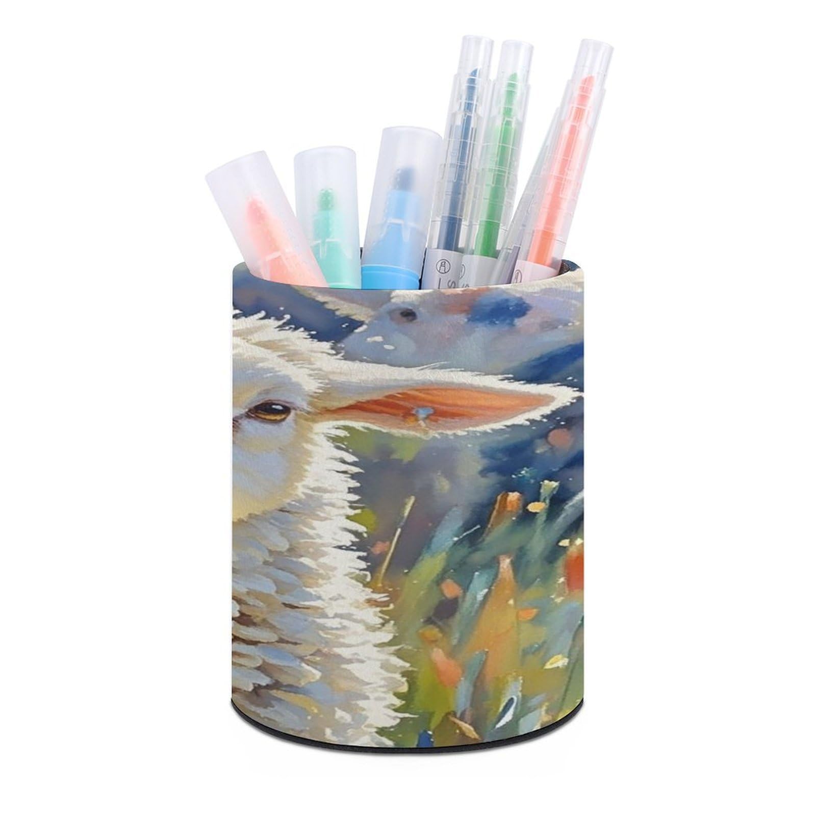 VstaDank Color Sheep Pen Holder PU Leather Pencil Cup Minimalist Desk Pencil Holder Round Make Up Brush Organizers For Office Dorm Room&Vanity Desk Accessories