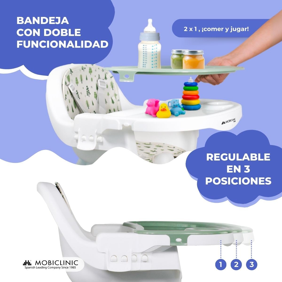 Mobiclinic® kids, Trona evolutiva, 2 en 1, Altura ajustable, Doble bandeja, 6 meses - años, Forest, Arnés de seguridad 5 puntos, Ruedas extraíbles, Hasta 35 kg, Cesta almacenamiento, 360º
