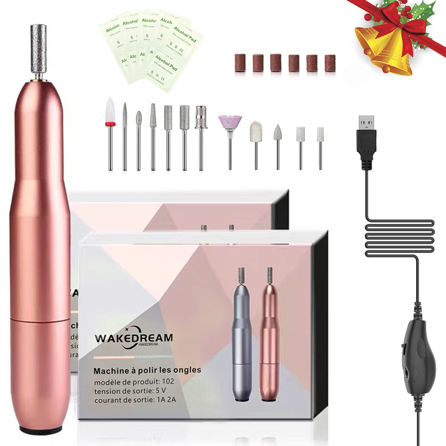 WakeDream Torno para uñas, 12 en 1 lima electrica uñas profesional, Máquina de pulido de uñas, torno manicura y pedicura, set de manicura y pedicura para el hogar y salón portátil (Oro rosa)