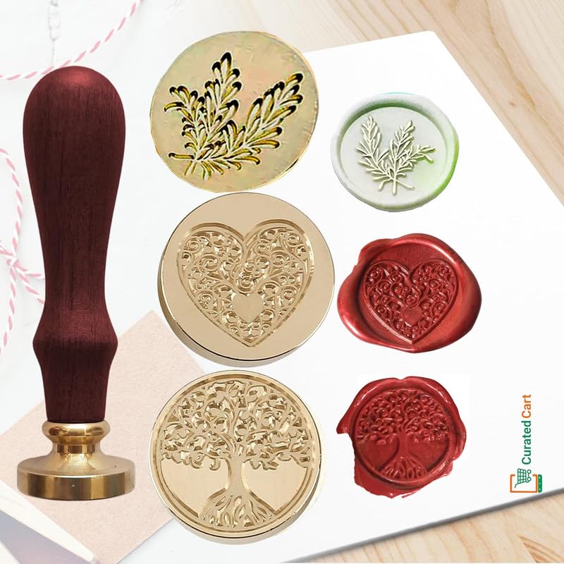 Image of Curated Cart Wax Seal Stamp Set - 4 Unique Wooden Monogram Sealing Stamps | Heart, Ring, Tree, and Leaf Designs in Gift Box | Perfect for Cards, Letters, Envelopes, Wedding Invitations