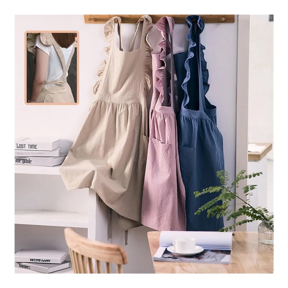 Casa Cotone Lino Pinafore Con Loto Foglia Di Loto Giapponese Coreano Balze Cucina Caffetteria Lavoro Falbala Grembiule Kawaii