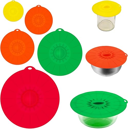 Miniatura 10 de Paquete de 7 tapas de silicona, tapas de silicona para sartenes, 5 tamaños reutilizables, resistentes al calor, para almacenamiento de alimentos, se