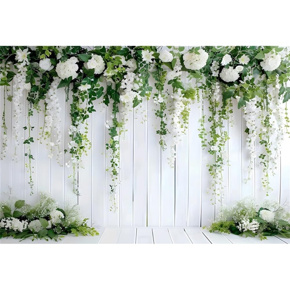 Fleur Blanche Toile de Fond de Mariage 3x2.5m Planche Blanche rétro avec Feuilles Vertes Fond de Douche Nuptiale Florale bébé Fille fête d'anniversaire Portrait gâteau décor de Table