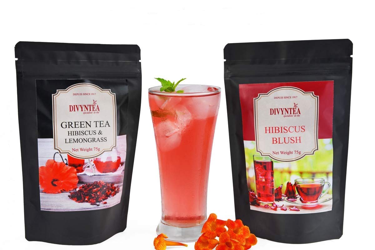 DIVYNTEA Combo of Natural Pure Hibiscus & Lemon Grass Loose Leaf Green Tea and Hibiscus Blush Iced and Hot Tea Blend (150 g)