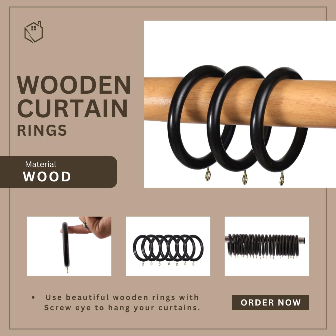 Gardinenringe aus Holz, Innendurchmesser 6,6 cm, schwarz, für Badezimmer/Dusche, Glas-Finish, 24 Stück, schwarz