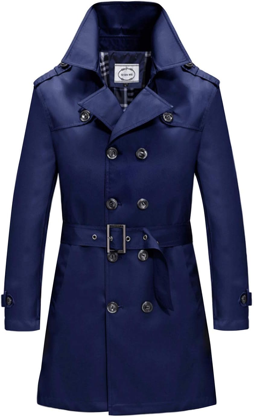 Men Notch Lapel Double Breasted Trench Coat Belted Windbreaker Outwear