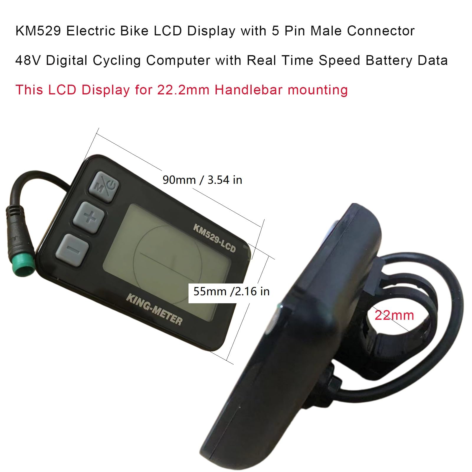 Écran LCD NULKOMMA pour vélos électriques KM529 : Compteur de Vitesse et écran pour vélo électrique 36 V / 48 V avec connecteur mâle étanche à 5 Broches et Panneau de Commande pour vélo électrique