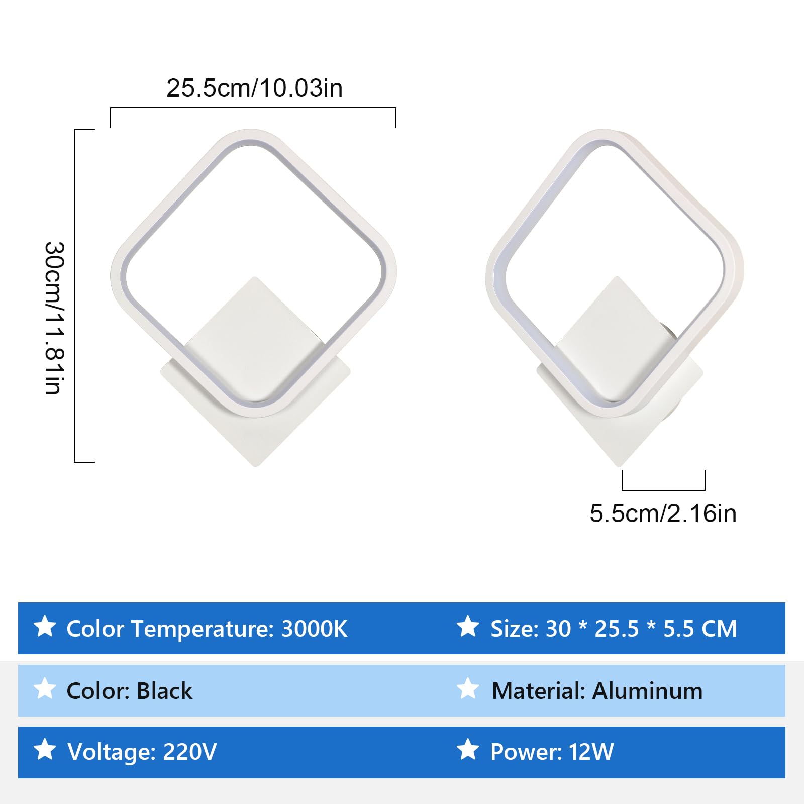 Osairous Applique LED da Parete Interno, 17W 1912LM Lampada da Parete Moderno Quadrato in Alluminio, Lampade da Muro per Camera da Letto, Soggiorno, Corridoio, Scale, Bianco Freddo 6500K, Bianca