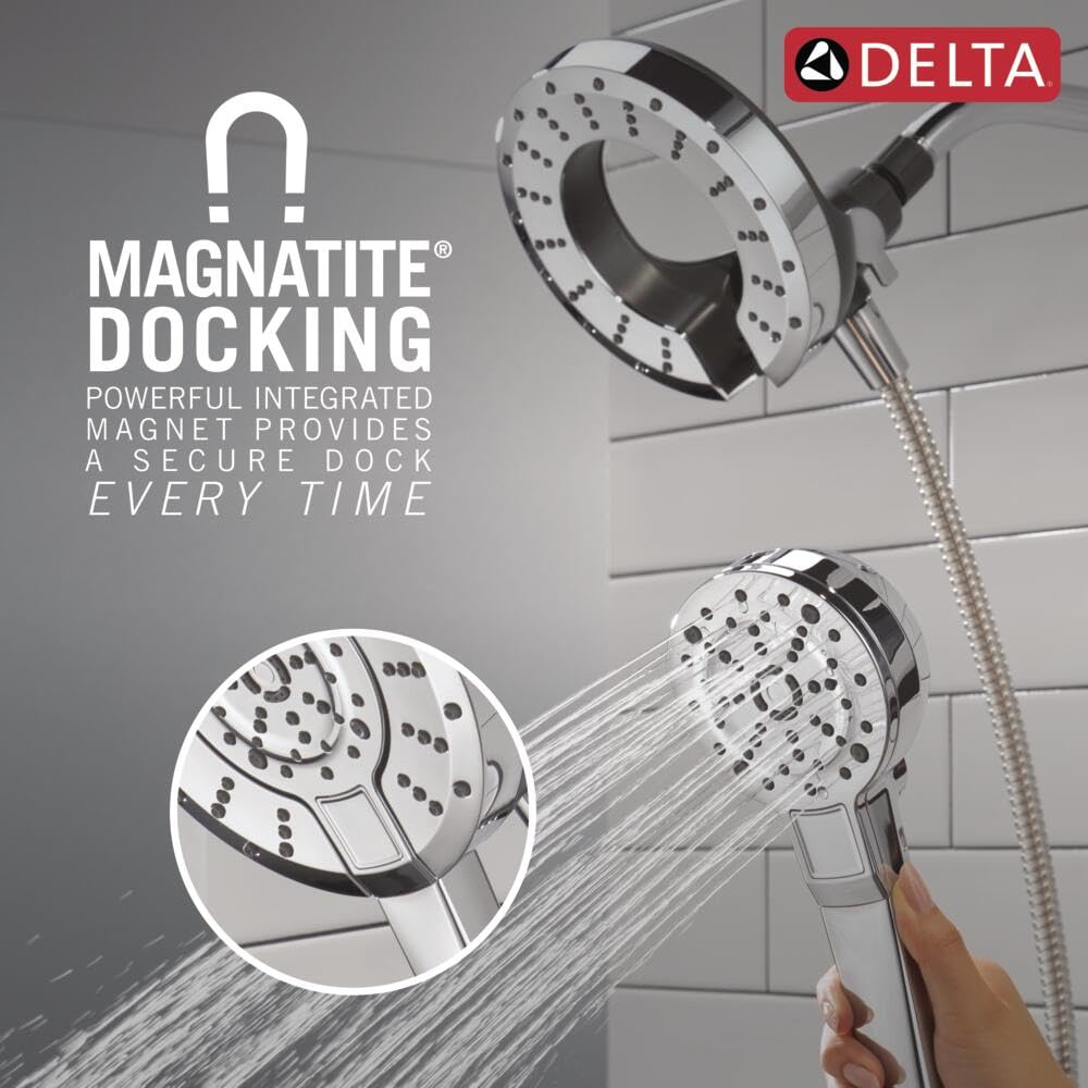 Delta Cabezal de ducha doble In2ition 2 en 1 de 5 ajustes con spray ProClean de mano de alta presión, cabezal de ducha desmontable cromado con manguera, caudal de 1.75 GPM, cromo 75548
