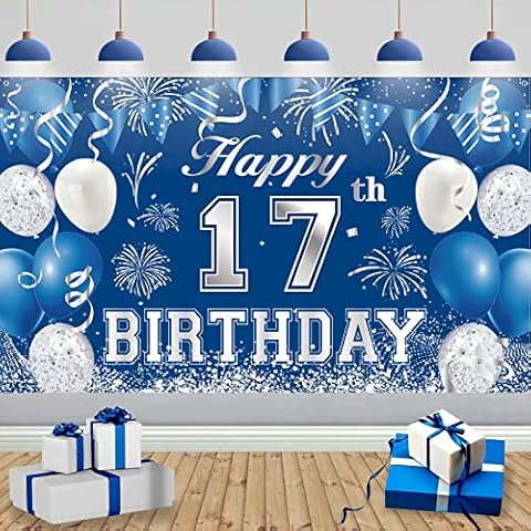 17th Birthday Party Decorations, 17th Blue Silver Birthday Backdrop Banner Photo Booth Sign Decoration, Large Seventeen Birthday Banner Background for Boys 17th Birthday Anniversary Party Supplies Cover