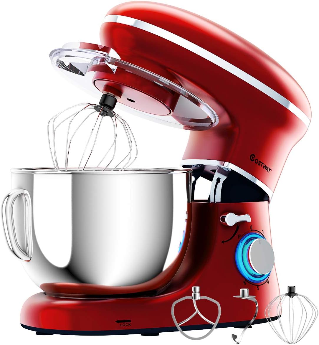 COSTWAY Stand Mixer, 660W Electric Kitchen Food Mixer with 6-Speed Control, 6.3-Quart Stainless Steel Bowl, Dough Hook, Beater, Whisk (Red-update)