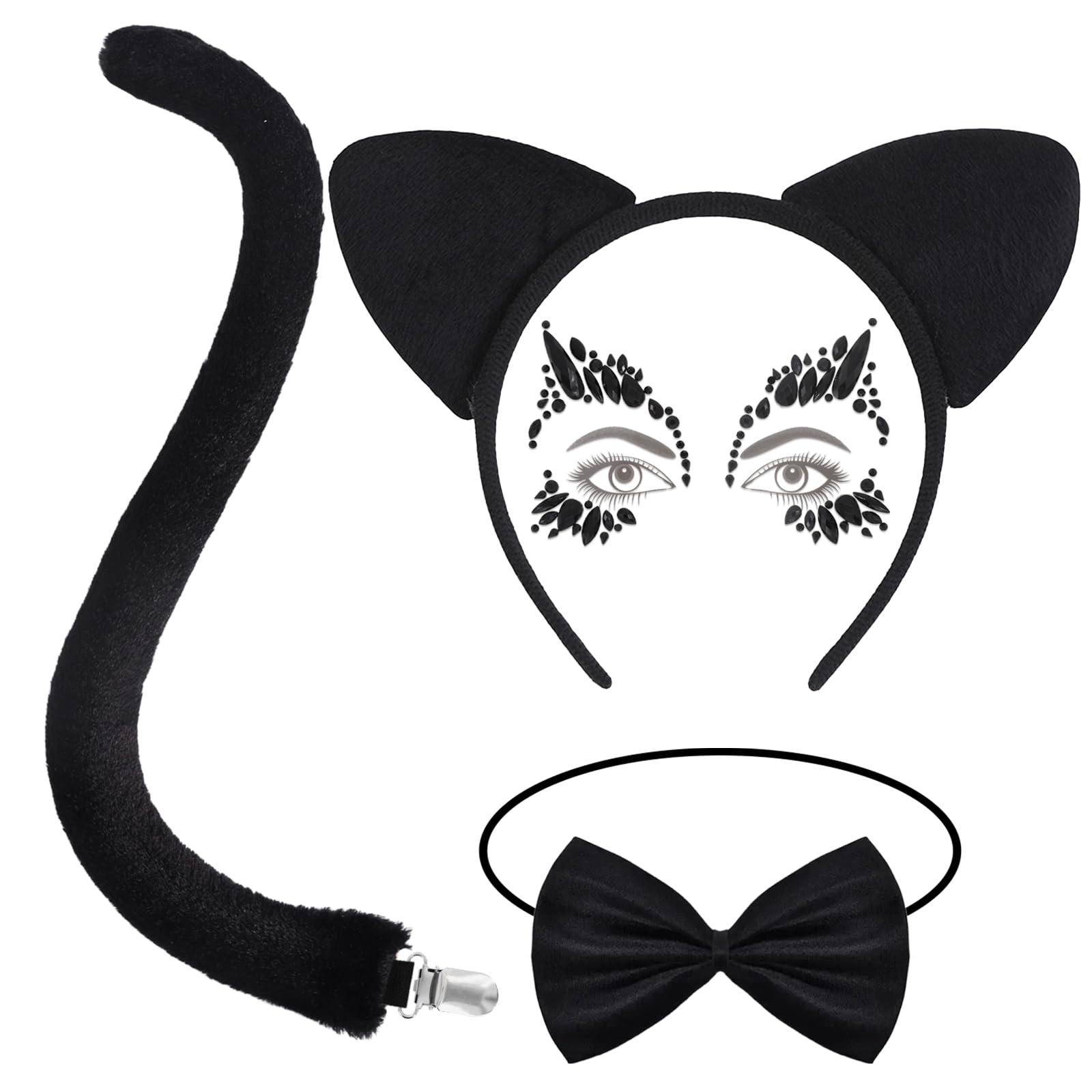 duludulu Cat Ears Headband and Tail, Black Halloween Cat Woman Accessories with Bow Tie and Facial Stickers Set Animal Cosplay Fancy Dress Costume Adult Christmas Birthday Party Hairband