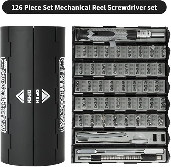 126 In 1 Mechanical Reel Screwdriver Set, Precision Maintenance Screwdriver Set, Scroll Design, 120Magnetic CR-V Batch Heads, For Repair Phone,Laptop,Watch,Camera Etc (126IN1-BLACK)