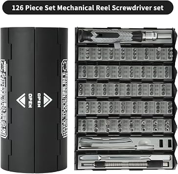126 In 1 Mechanical Reel Screwdriver Set, Precision Maintenance Screwdriver Set, Scroll Design, 120Magnetic CR-V Batch Heads, For Repair Phone,Laptop,Watch,Camera Etc (126IN1-BLACK)