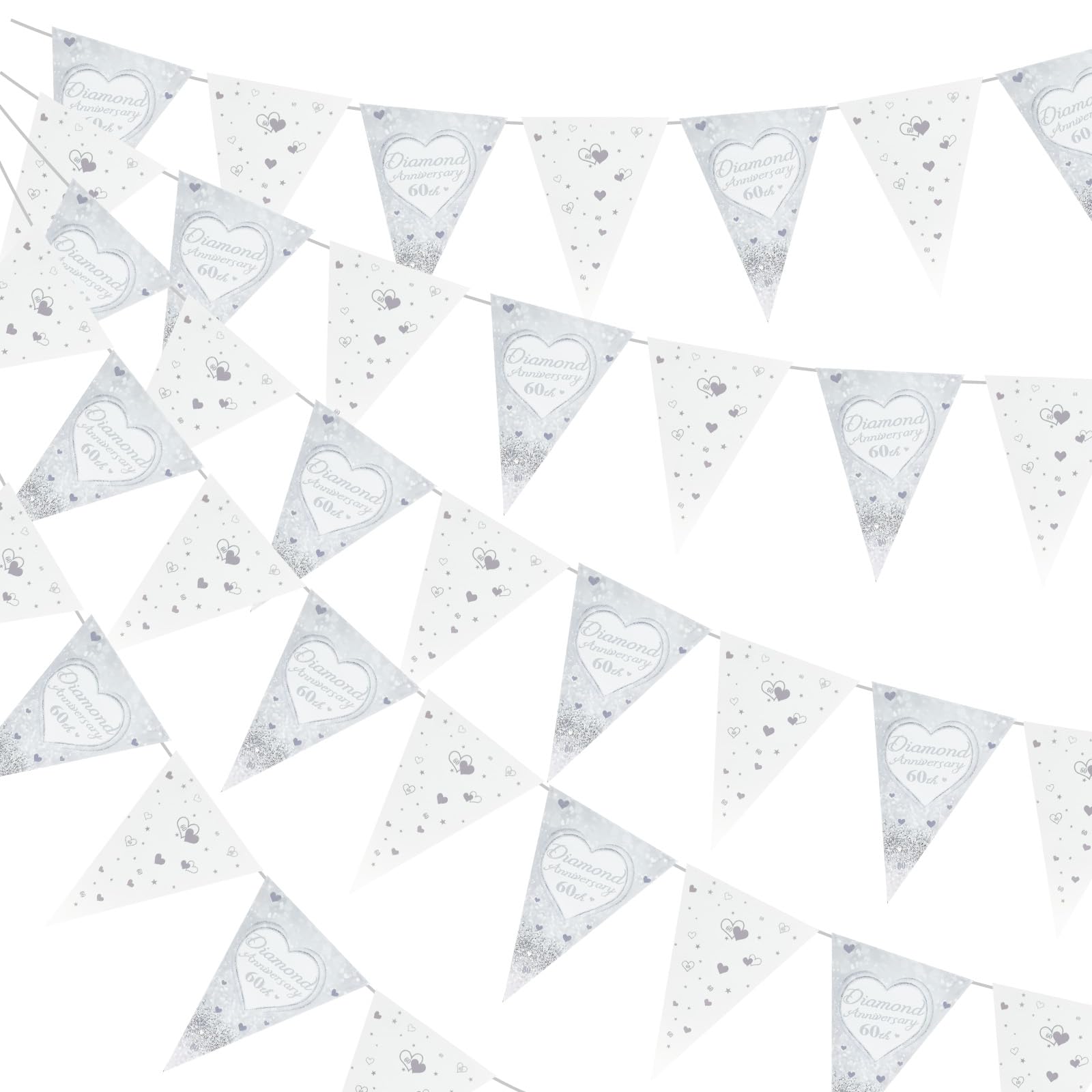 5 Packs- 60th Diamond Anniversary Banner Happy 60th Anniversary Pennant Bunting Paper Triangle Flags with 5 Rolls Rope for Couple Parent Weddings Birthday Celebration Decorative Pennants