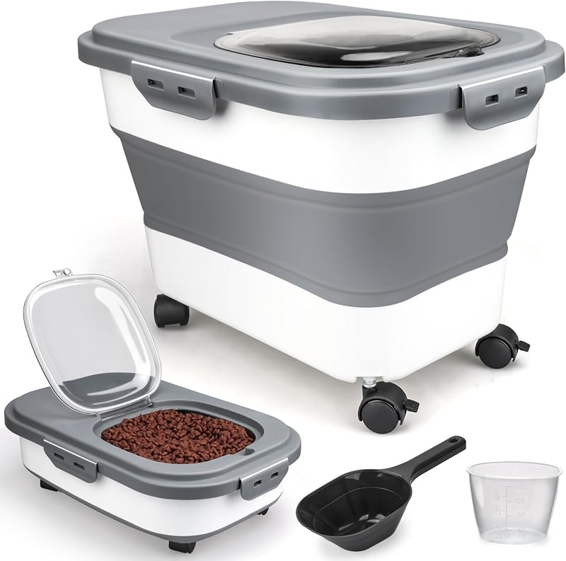 Recipiente Dobrável para Armazenar Ração de Cães e Gatos Viretec com Rodas, Tampa Hermética e Copo Medidor – 18 L