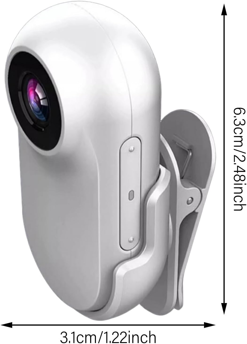 Dimensions of the I3 4K Thumb Action Sports Camera: 6.3cm (2.48 inches) in height and 3.1cm (1.22 inches) in width.