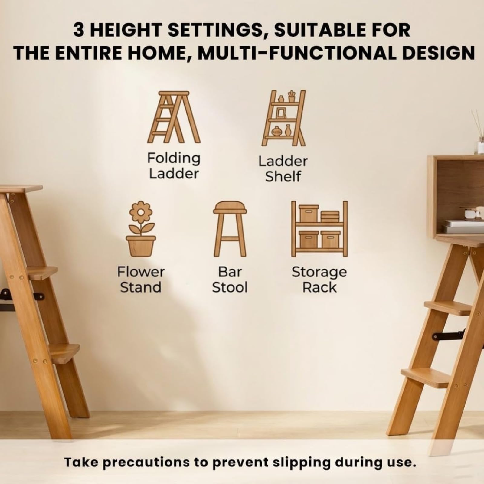 Escabeau pliant en bois à 3/4/5 marches, capacité de charge de 100 kg, Tabouret escabeau pliant multifonctionnel, large pédale antidérapante, pour la maison/cuisine/garage,échelle utilitaire(5 floors)