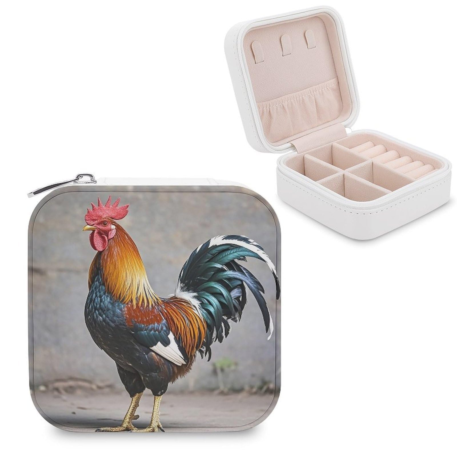 FekiLoot Rooster Travel Jewelry Box Small Jewelry Organizer Storage Case Portable PU Leather Mini Jewellry Travel Case Necklace Ring Storage Organizer Gift for Women