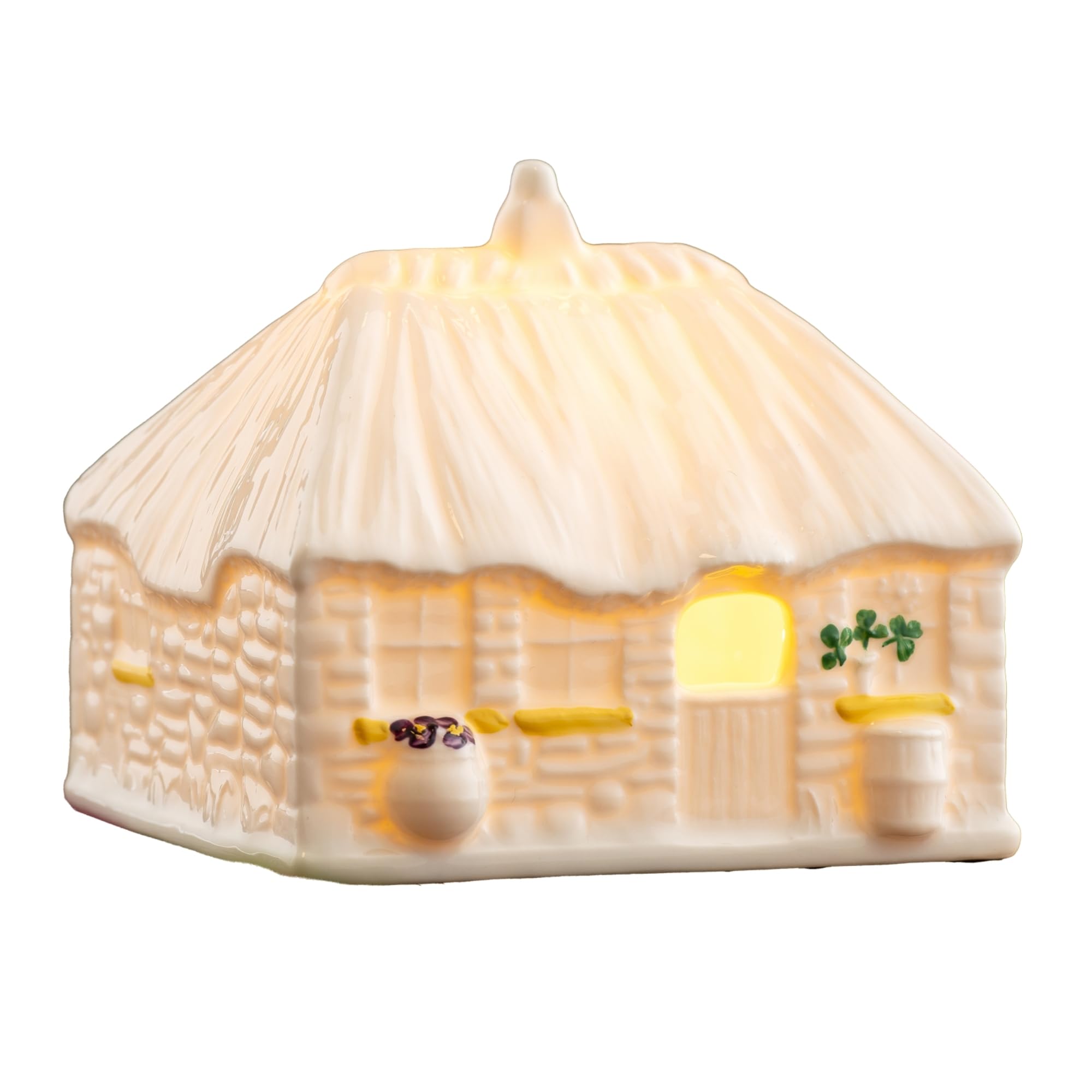 Belleek 2025 Edition Piece - Irish Thatched Cottage Led Luminaire - Handcrafted Porcelain Figurine Lamp - Shamrock Light Up Figurine - 4.7”L x 3.9”W x 4”H, White