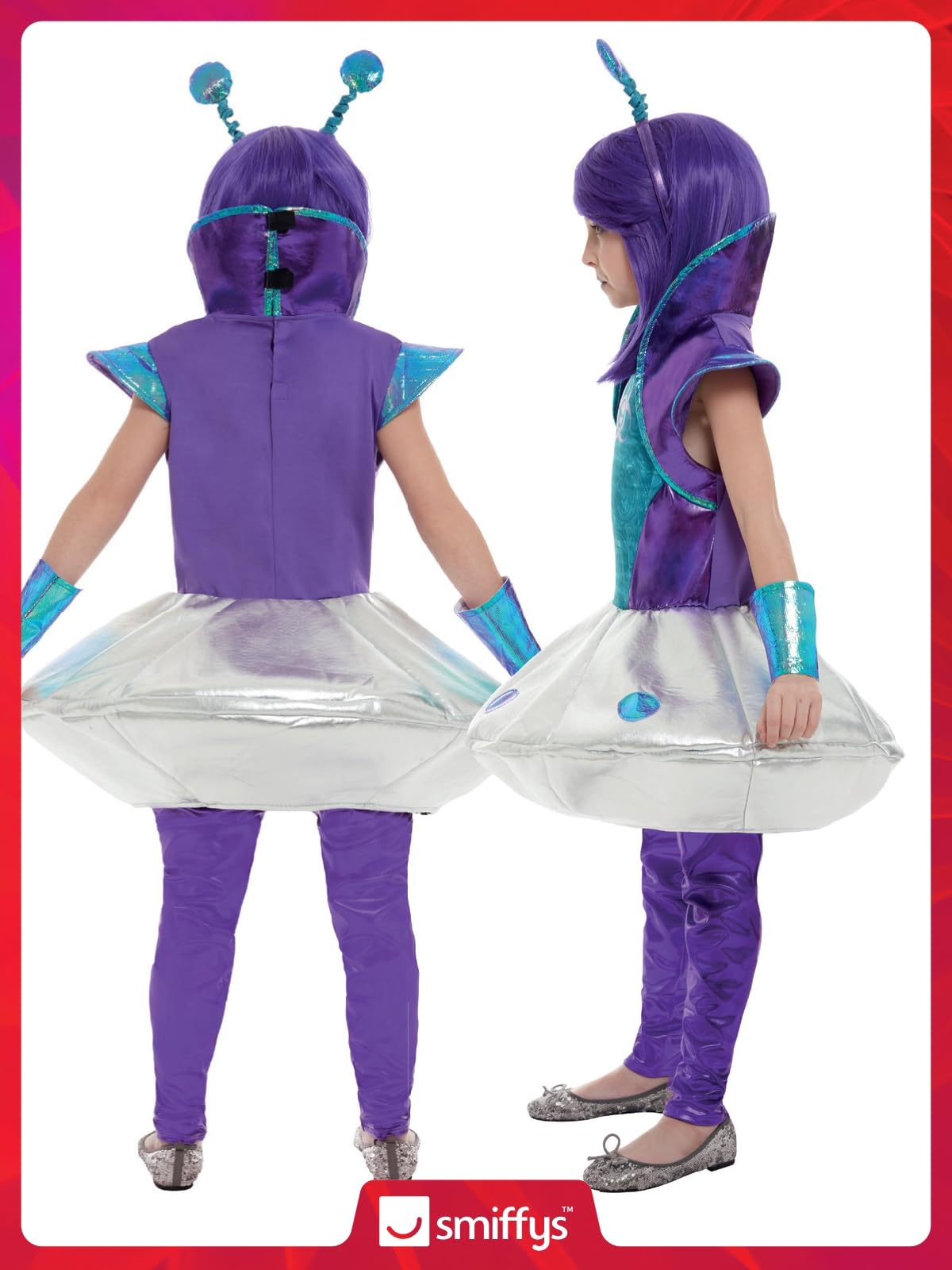 Smiffys Alien Girl Costume, Silver with Dress, Leggings, Wristcuffs & Headband, Halloween Child Fancy Dress, Alien Dress Up Costumes