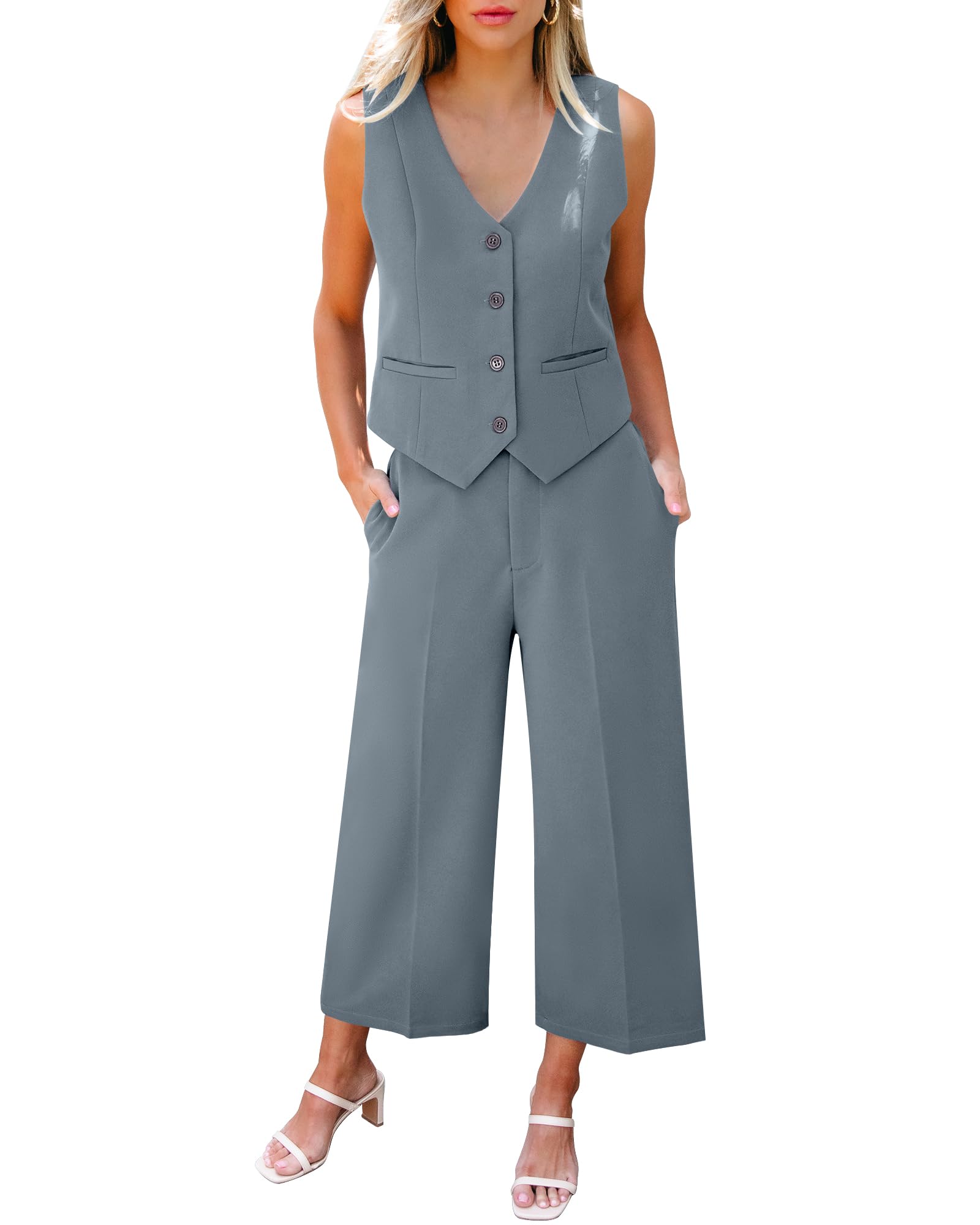 LookbookStore Pant Suits for Women Dressy Two Piece Business Casual Outfits Sleeveless Blazer Summer Vest and Pants Sets