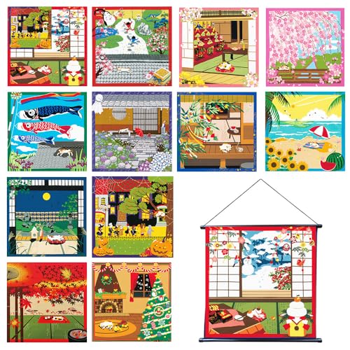 Generic ふろしきセット 三毛猫みけの夢日記 日本の四季1月~12月 小ふろしき 12枚セット 組み立て不要 タペストリー棒 小風呂敷 50cm 綿100% シャンタン生地 日本製