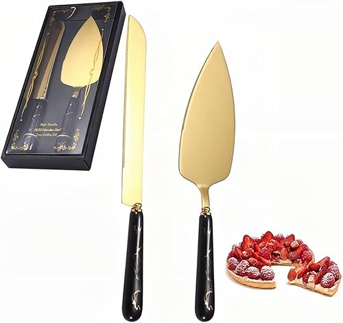 Juego de cuchillos para tartas de boda, pala, cubiertos de acero inoxidable, mango de cerámica, boda, fiesta, Acción de Gracias, Navidad (negro)