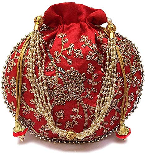 Image of Handcrafted Potli Purse with Golden Floral Embroidery and Pearl Accents