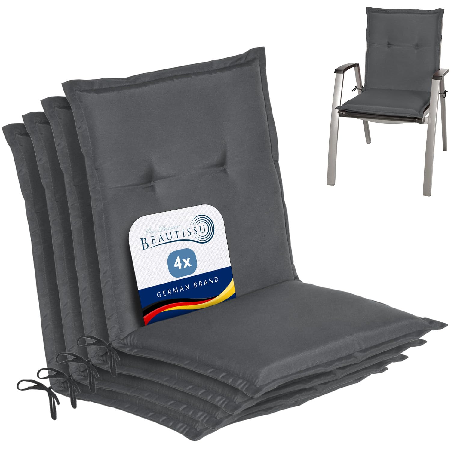 Beautissu Lowback Outdoor Chair Cushions 100x50x6 cm Loft NL - Set of 4 Seat Cushions for Garden Chairs with Backs Recliner Patio Chair Sunbed Bench - Anthracite — image 1