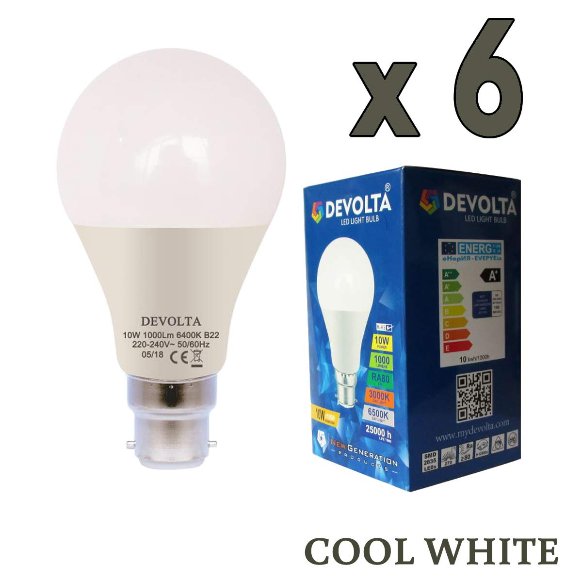DEVOLTA B22 LED Bayonet Light Bulbs 10W, A60, Cool White(6400K) Frosted Globe GLS Bulb, Ultra Bright 1000Lm, Non-Dimmable, Energy Saving Light Bulbs [Energy Class A+] 10W - Pack of 6