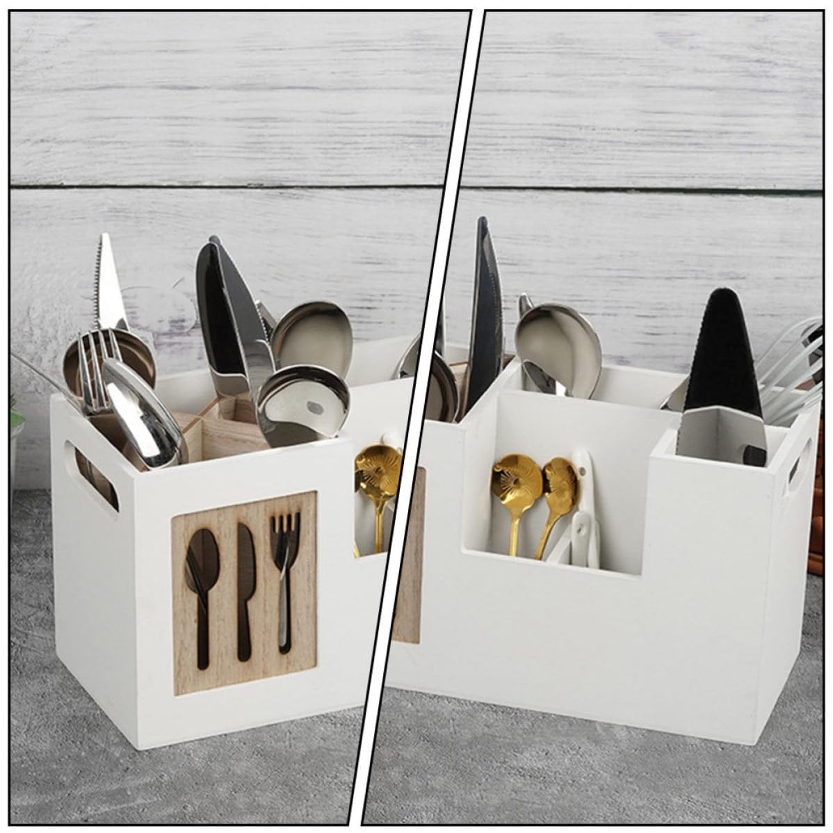 Zerodeko Porte-ustensiles Organisateur Multi-compartiments sans Couvercle Cuisine en Bois Naturel 28x12x15 Cm Accessoire Rangement Pratique pour Cuillères, Fourchettes et Couteaux
