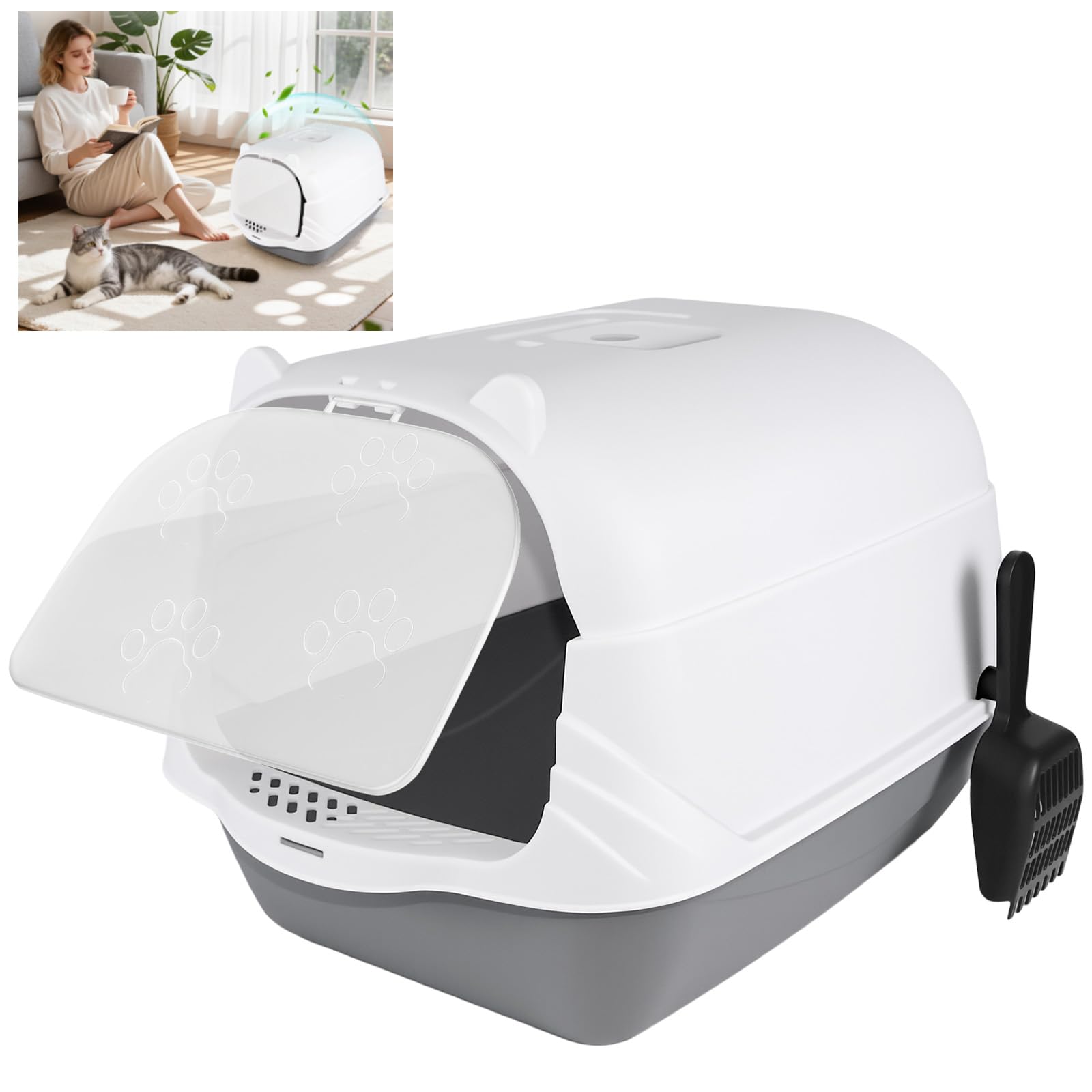 Cat Litter Box, Large Cat Litter Tray with Detachable Top for Fully Enclosed and Semi Enclosed, Pet Litter Tray Box with Scoop, Splash Guards, Anti-Spillage, High Sided, Easy Cleaning (51Lx37Wx36Hcm)