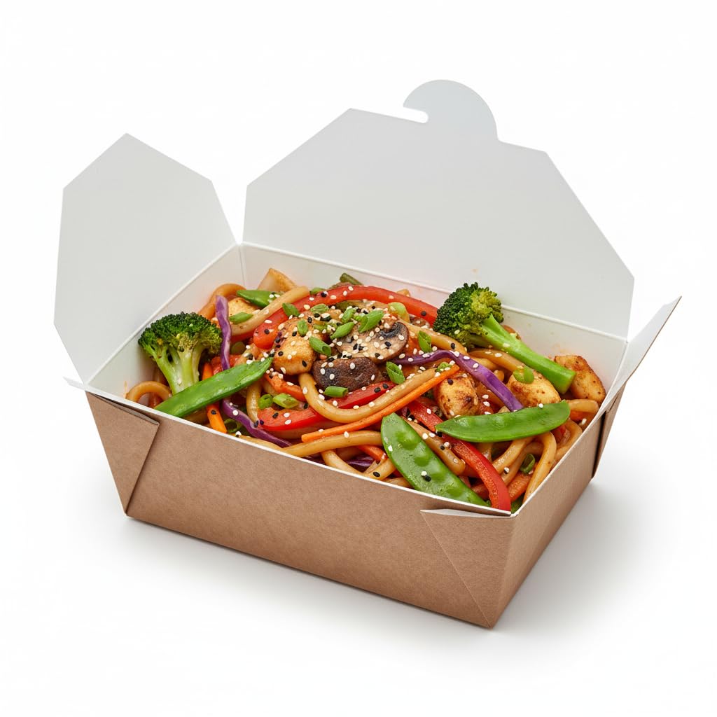 PacknWood - 40 Cajas Comida en Cartón Kraft | Envase Take Away | 6x9 cm, Desechable, Biodegradable Cierre | 22x16, 2800ml | Hostelería, Restaurante, Food Truck, Delivery