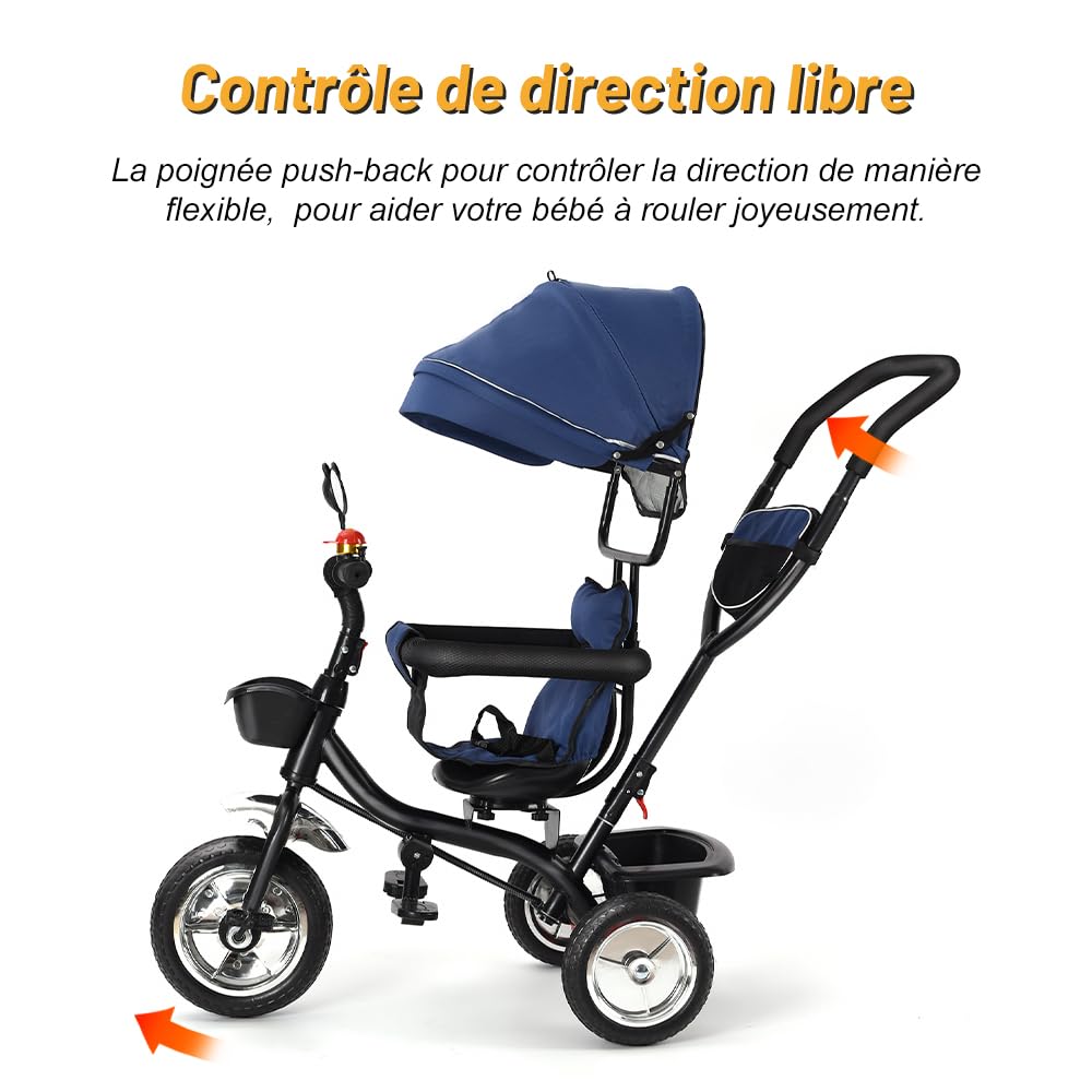 Baby-Dreirad, mitwachsend, Dreirad für Kinder von 18 Monaten bis 5 Jahren, 4-in-1-Kinderwagen-Fahrrad mit wendbarem Sitz, Sonnenschutz und Pedal, kompakter Kinderwagen (Dunkelblau, 4-in-1)